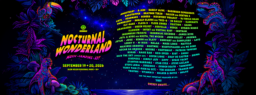 Nocturnal Wonderland 2026 lineup poster, September 19 and 20 at Glen Helen Regional Park