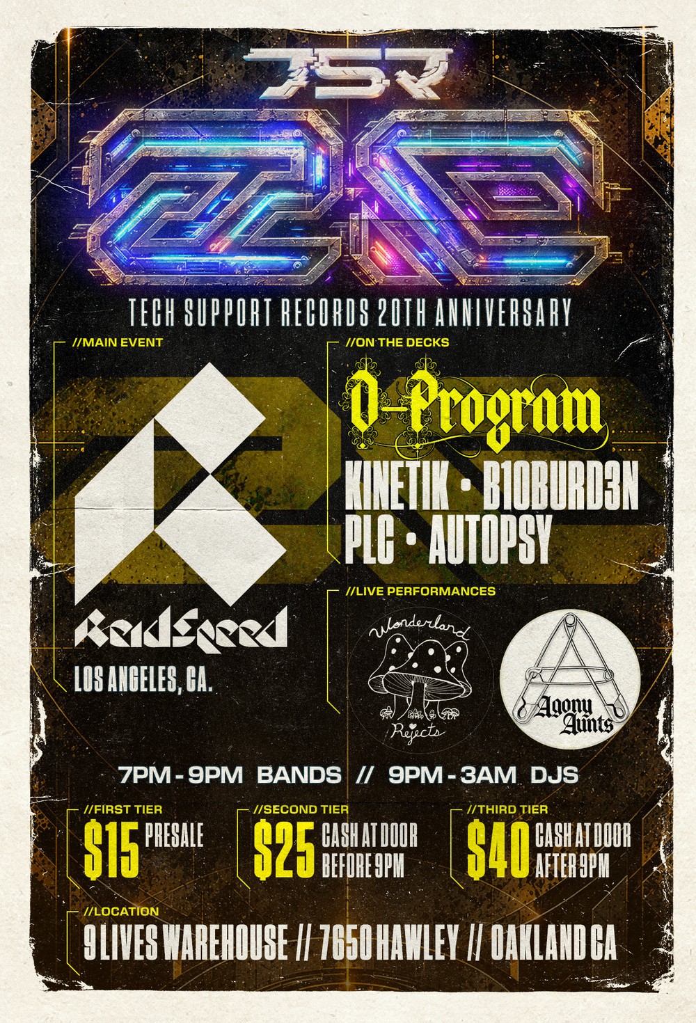 Tech Support Records 20th Anniversary flyer with Reid Speed, O-Program, Kinetik, B10BURD3N, PLC and Autopsy, plus live bands Wonderland Rejects and Agony Aunts, at 9 Lives Warehouse in Oakland